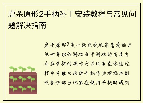 虐杀原形2手柄补丁安装教程与常见问题解决指南